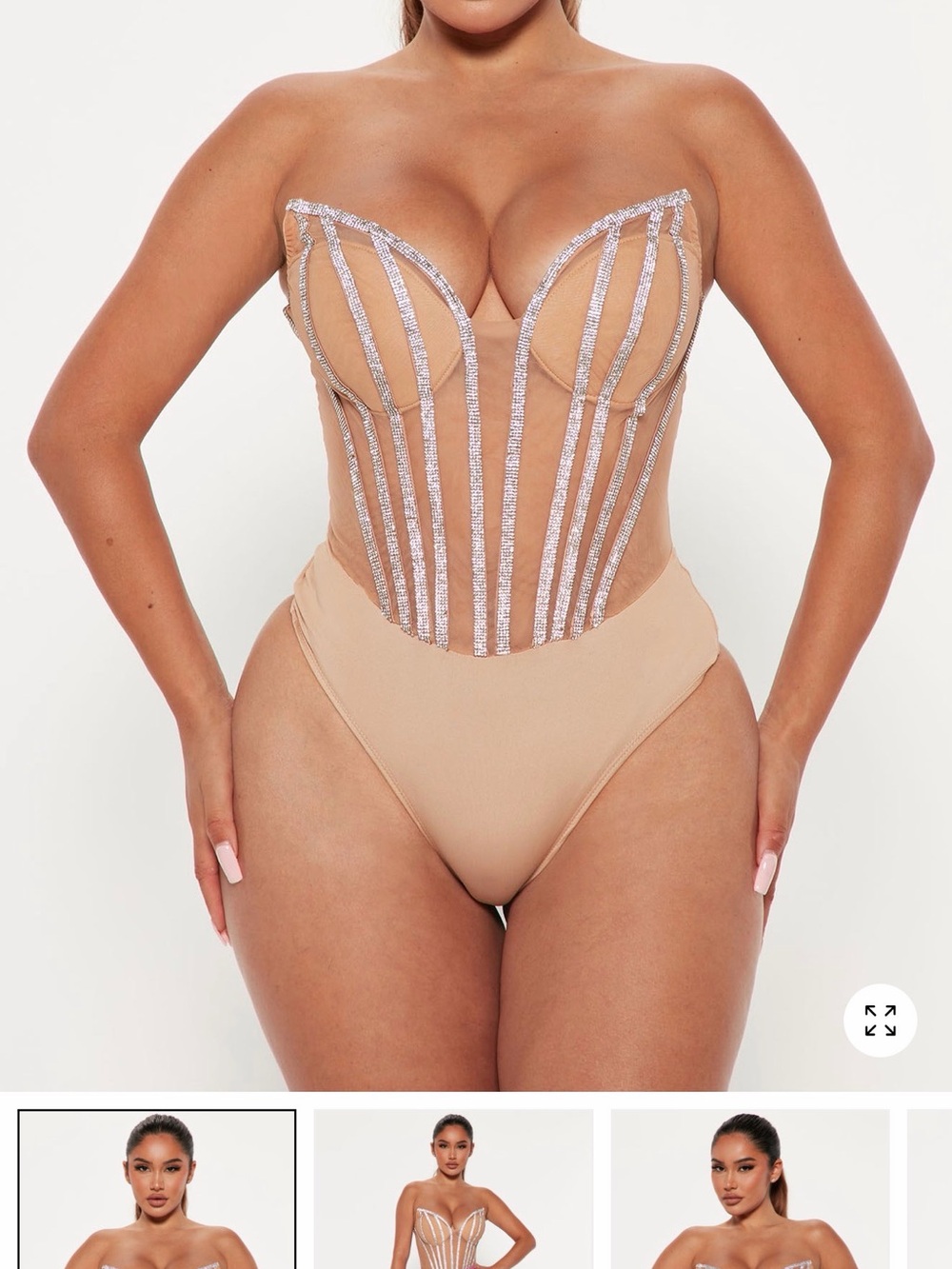 Fashion Nova Nude Rhinestone Corset Bodysuit